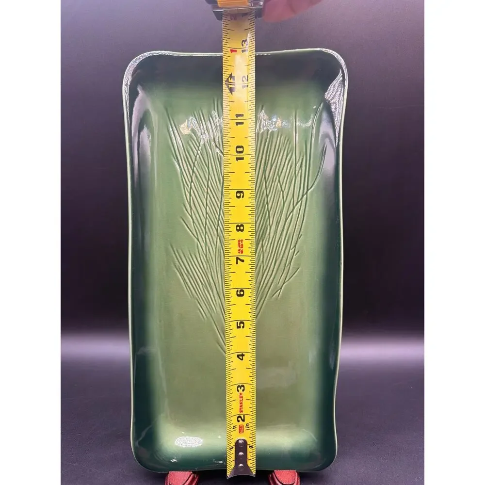 Vintage Kay Wayne Signed Green Ceramic Serving Platter Pine Needle Embossed Tray
